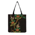 Japanese vintage floral print tote bag detail showing the botanical design on black canvas. - Black Botanical Floral(hm6466)