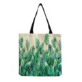Borsa shopper in tela con stampa di piume verdi casual, grande borsa a tracolla versatile. - Stampa Piume Acquerello (hm7131)