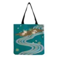 Japanese floral print canvas tote bag, large capacity casual shoulder bag for daily shopping. - Cyan Landscape Floral(hm6471)
