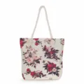 Bolso tote de lona con estampado de rosas y asas de cuerda gruesa para paseos de playa. - Rosa Roja Vintage (msk0732)