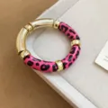 Colorful leopard print acrylic elastic bracelet with chunky gold tone metal tubes for women. - 57# Bracelet (HB3859) / Gold Pink Round Ink-wash Polka Dot