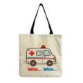 Vista dettagliata della borsa tote in tela con stampa di ambulanza cartoon per la spesa quotidiana. - Stile 2 (hmk3342)