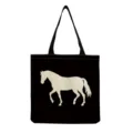 Detailed view of black canvas tote bag featuring a stylish beige horse silhouette print design. - Beige Horse Silhouette on Black (hm3315)
