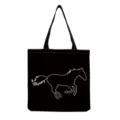 Black canvas tote bag with white horse print, large capacity reusable daily shopping shoulder bag. - White Line Art Horse on Black (hm3316)