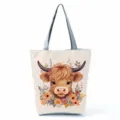 Close-up of the highland cow print tote bag with floral art, sturdy grey handles and details. - Highland Cow Life Sketch Art Style (hlk3323)