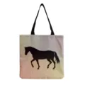 Detail view of the elegant canvas shoulder bag featuring a classic black horse silhouette print. - Black Horse Silhouette on Beige (hm3317)