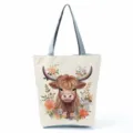 Detailed close-up view of the cute watercolor highland cow print canvas tote bag. - Watercolor Highland Cow Floral Style (hlk3324)