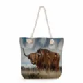 Highland cow print canvas tote bag, large capacity zipper shoulder bag with thick rope handle. - Cartoon Highland Cow Art (msj0505)