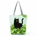 Black cat print canvas tote bag casual daily shoulder handbag shopping bag cute animal pattern - Black Cat and Green Leaves (hlk2479)