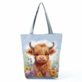 Close-up detail showing the cute highland cow print and durable grey handle of the canvas tote bag. - Painted Highland Cow Large Capacity Style (hlk3325)