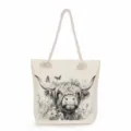 Detailed view of the canvas tote bag featuring a cute highland cow and floral print. - Highland Cow Flower Sketch (msk3320)