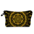 Elegante bolsa cosmética negra con estampado de mándala dorada, estuche chic para maquillaje. - Estilo hz12373