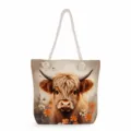Highland cow print canvas tote bag, stylish thick rope shoulder bag for daily casual use. - Highland Cow Rural Retro (msk3322)
