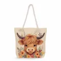Cute highland cow print canvas tote bag, large capacity shoulder handbag with thick rope handles. - Highland Cow Floral Art (msk3323)