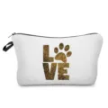 Primer plano detallado del bolso cosmético blanco con diseño de huella de brillo. - Letras LOVE Con Estampado de Pata Dorado (hz4388)
