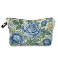 Detailed view of cosmetic bag with blue watercolor rose floral pattern and secure zipper closure. - Retro Watercolor Blue Rose (hzk3521)