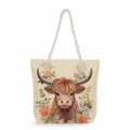 Closeup of the highland cow watercolor print and durable thick rope handle on the canvas tote bag. - Highland Cow Watercolor Print (msk3324)