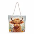 Highland cow print canvas tote bag featuring thick rope handles, large capacity casual handbag. - Cute Cartoon Highland Cow (msk3325)