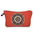 Mandala print cosmetic bag detail view, vibrant red fabric makeup pouch for daily use. - Red Mandala (hzk0410)
