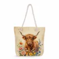 Highland cow canvas tote bag with thick rope handles and floral watercolor print. Spacious daily bag. - Fresh Highland Cow Style (msk3326)