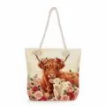 Detailed view of the Highland cow and floral print canvas tote bag with thick ropes. - Highland Cow Rose Print (msk3327)