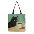 Black cat printed canvas shoulder tote bag, casual retro coffee cup pattern shopping handbag. - Vintage Cat Coffee (hmk2951)