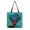 Bolso tote de lona con estampado africano, elegante bolso de hombro étnico para compras diarias. - Estilo de Personaje Fondo Azul Verde (hmk3500)