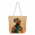 Detailed view of the canvas tote bag featuring an artistic African woman print with rope handles. - Beige Art Illustration (msk3503)
