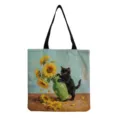 Canvas tote bag with vintage sunflower and black cat print, casual shoulder shopping bag. - Sunflower and Black Cat Oil Painting Style (hmk2931)