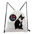Cute black and white cat print canvas drawstring backpack casual daily shoulder storage bag - White I Love Cat Logo Style (sk3543)