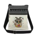 Close-up detail of the cute owl printed canvas crossbody bag with double zipper and black strap. - Owl Printed Style (xk4311)