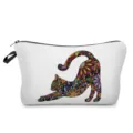 Portable floral cat makeup pouch detail, colorful mandala cat print cosmetic storage bag. - Stretching Cat White (hz2971)