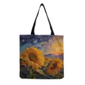 Canvas tote bag with sunflower and starry night oil painting print for daily shopping. - Starry Night Sunflower Oil Painting Style (hmk2933)