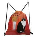 Cute black and white cat print drawstring backpack artistic flower canvas daily casual bag - Oil Painting Style Cat & Red Flower Style (sk3544)