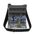 Detailed view of the Christmas village print crossbody bag with black white striped top and zippers. - Winter Snow Village Print Style (xk5809)