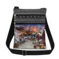 Christmas print crossbody bag detail showing the snowy village pattern and double zippers. - Christmas Snow Night Carriage Print Style (xk5810)