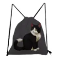 Dark grey drawstring backpack featuring a cute black and white cat print, casual daily detail view. - Dark Grey Exquisite B&W Cat Style (sk3546)