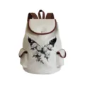 Canvas butterfly print backpack with brown trim, stylish school book bag for daily use. - Creamy White Monochrome Rose Butterfly Style (sjk0432)