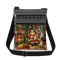 Close-up detail of the Christmas print crossbody bag featuring double zippers and black strap. - Santa Claus Illustration Print Style (xk5811)