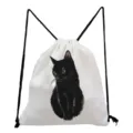 Watercolor black cat print detail on white fabric drawstring bag surface texture closeup. - Watercolor Style Black Cat Style (sk3547)