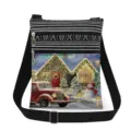 Christmas printed crossbody bag with adjustable strap and double zipper pockets detail - Red Retro Car Snow Scene Print Style (xk5812)