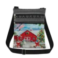 Christmas print crossbody bag with adjustable strap, dual zipper winter snow scene shoulder bag. - Winter Snow Red House Print Style (xk5813)