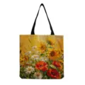Detailed view of the sunflower oil painting print canvas tote bag with black handles. - Oil Painting Sunflower and Red Flower Style (hmk2936)
