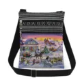 Detail shot of the Christmas print crossbody bag with double zippers and black strap. - Winter Snow Bridge Print Style (xk5814)