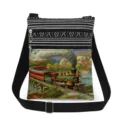 Vintage train printed canvas crossbody bag featuring dual zipper pockets and adjustable strap details. - Retro Steam Train Print Style (xk5815)