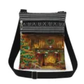 Christmas print crossbody bag, adjustable strap double zipper canvas shoulder bag for women - Christmas Tree Fireplace Scene Print Style (xk5816)