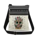 Close-up detail of cartoon owl print crossbody messenger bag with double zipper and strap. - Owl Printed Style (xk4319)
