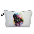 Close-up detail of a portable cosmetic bag featuring a vibrant watercolor black horse print. - Watercolor Black Horse Galloping Style (hz4258)