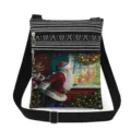 Christmas print crossbody bag detail showing double zipper design and adjustable strap. - Retro Santa Claus Snowman Print Style (xk5817)