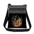 Black canvas crossbody bag featuring mushroom print, striped top, and double zippers. - Vintage Mushroom & Floral Illustration (xkk2921)